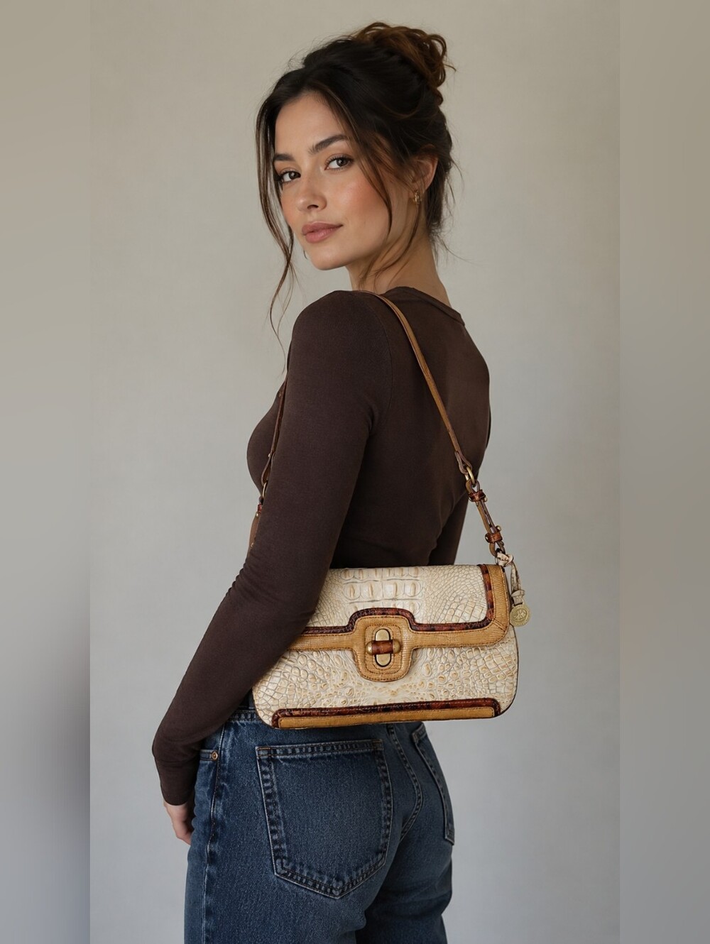 Brahmin Croc-Embossed Leather Tri-Color Turnlock Shoulder Bag 11"×6"×4"